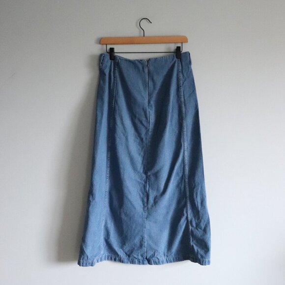 Women's Sz M Blue Denim Pull On A-Line Zipper Maxi Skirt - Picture 2 of 8